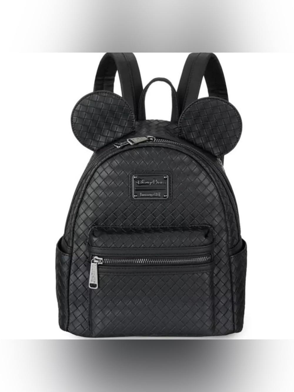 New Loungefly Disney Parks woven faux leather Mickey ear backpack